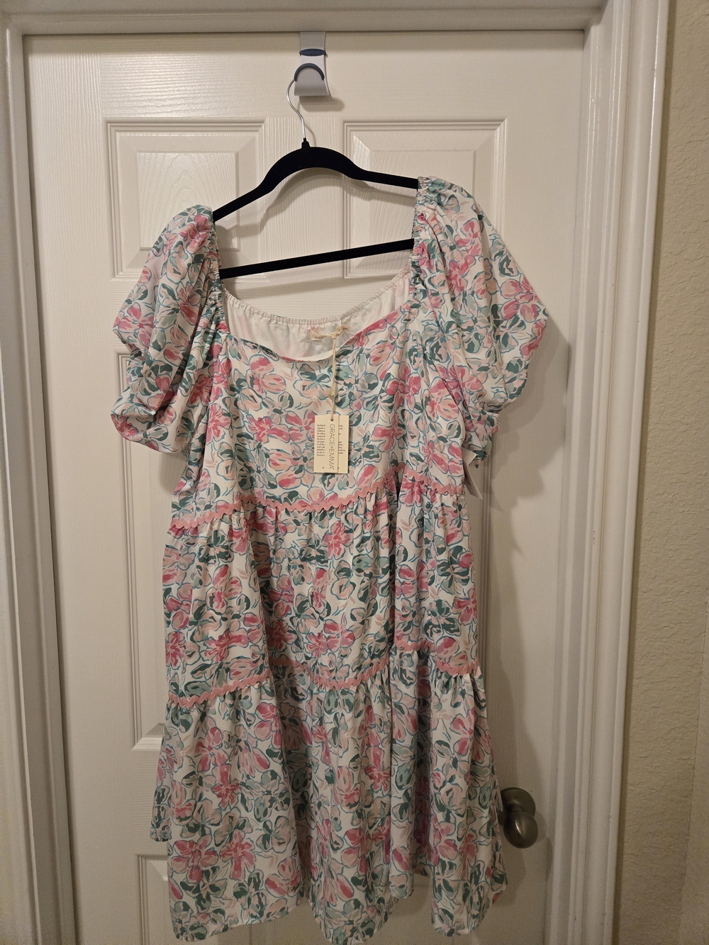 Floral Puff-Sleeve Mini Dress in White with Pink & Green Bloom